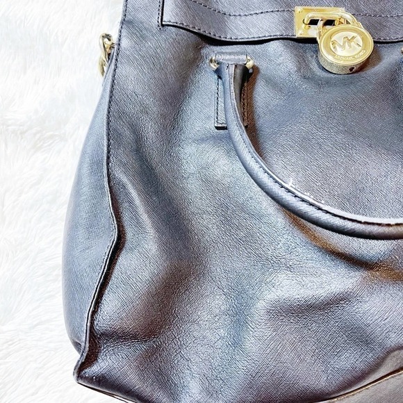Michael Kors Hamilton Tote Bag Black Leather Gold - Picture 3 of 12